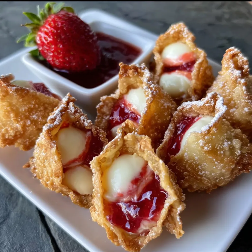 Deep-Fried Strawberry Cheesecake Stuffed Wonton Bites with Vanilla Cream Drizzle